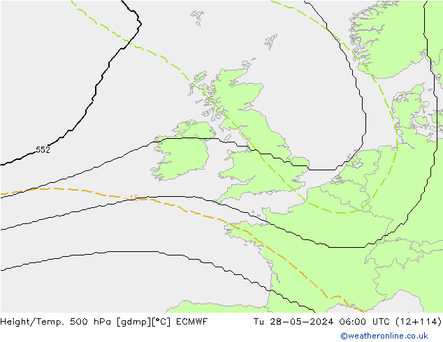Height/Temp. 500 hPa ECMWF wto. 28.05.2024 06 UTC