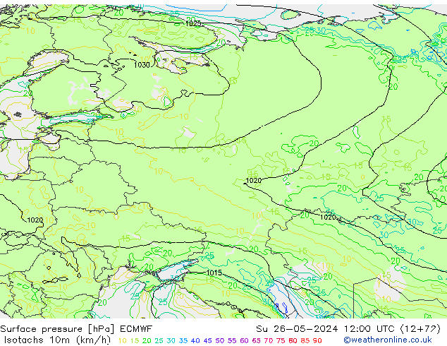Isotaca (kph) ECMWF dom 26.05.2024 12 UTC