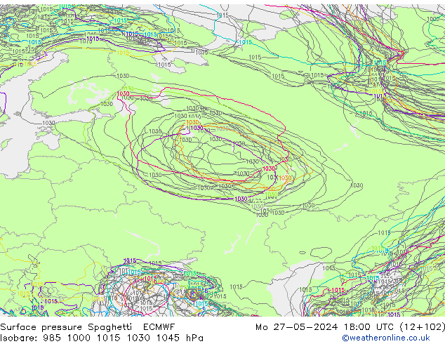 Surface pressure Spaghetti ECMWF Mo 27.05.2024 18 UTC