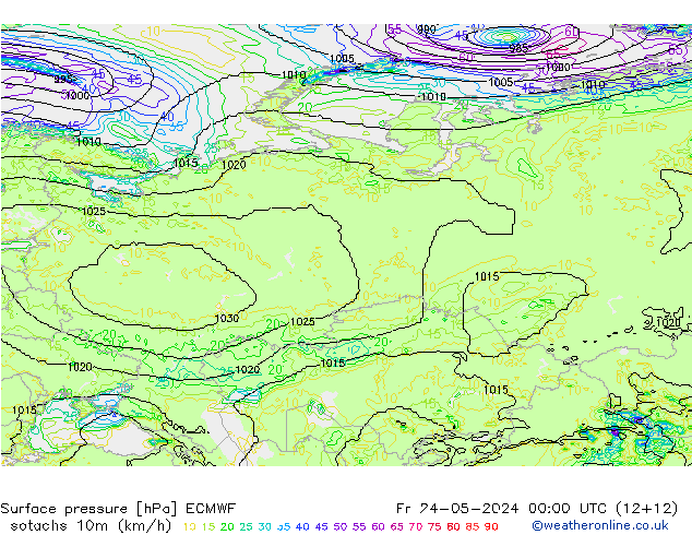 Izotacha (km/godz) ECMWF pt. 24.05.2024 00 UTC