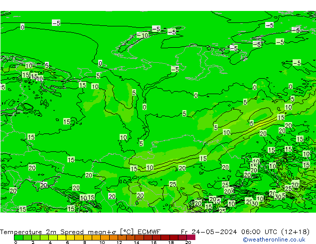 Temperature 2m Spread ECMWF Fr 24.05.2024 06 UTC