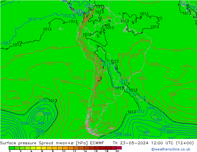 Surface pressure Spread ECMWF Th 23.05.2024 12 UTC