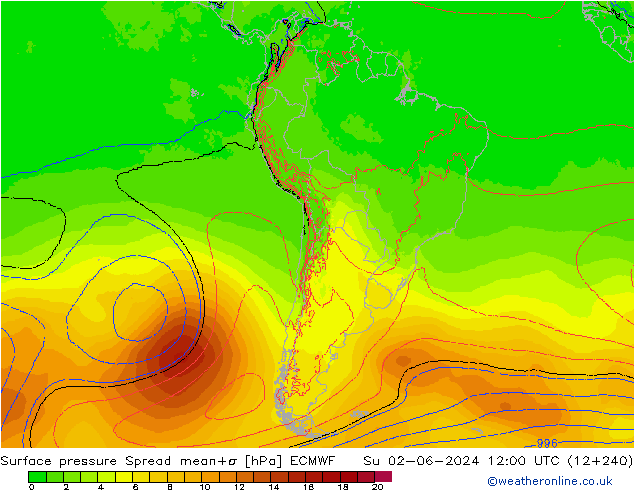 Surface pressure Spread ECMWF Su 02.06.2024 12 UTC