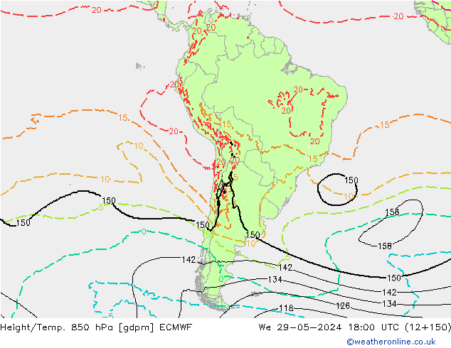 Height/Temp. 850 hPa ECMWF mer 29.05.2024 18 UTC