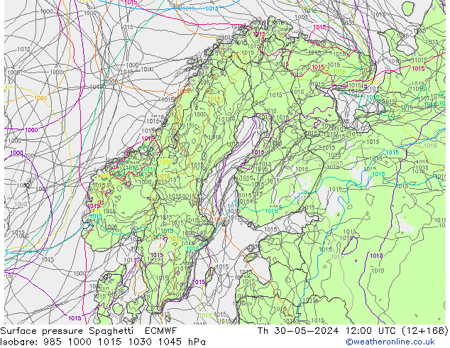 Surface pressure Spaghetti ECMWF Th 30.05.2024 12 UTC