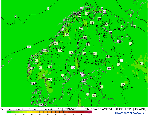 Temperature 2m Spread ECMWF Čt 23.05.2024 18 UTC