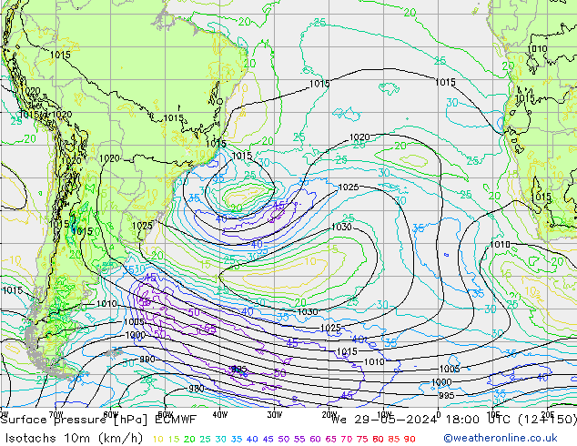 Isotachs (kph) ECMWF We 29.05.2024 18 UTC