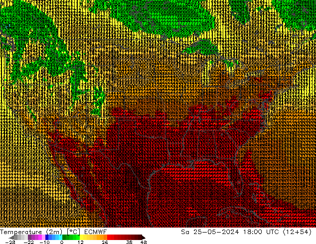 mapa temperatury (2m) ECMWF so. 25.05.2024 18 UTC