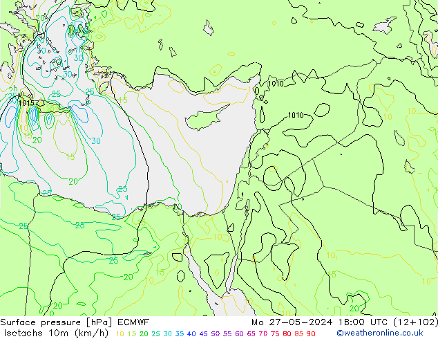 Isotachs (kph) ECMWF Mo 27.05.2024 18 UTC