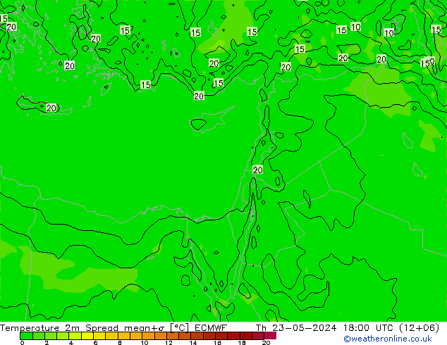 карта температуры Spread ECMWF чт 23.05.2024 18 UTC