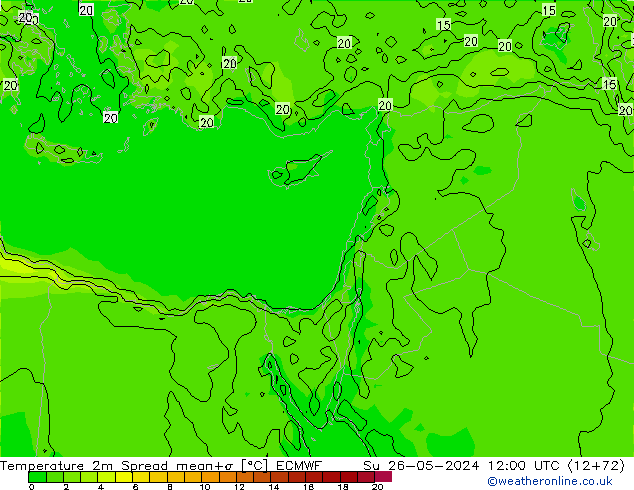 Temperature 2m Spread ECMWF Su 26.05.2024 12 UTC