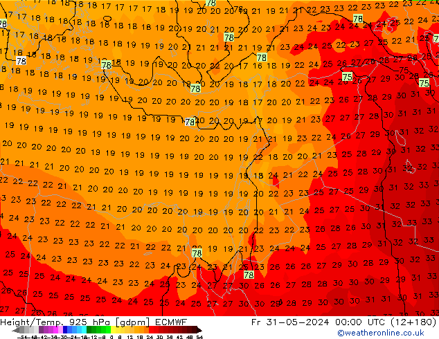 Height/Temp. 925 hPa ECMWF  31.05.2024 00 UTC