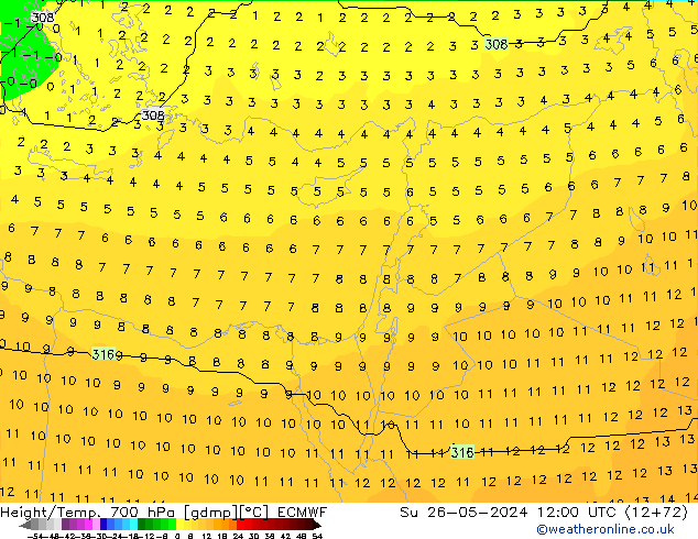 Height/Temp. 700 hPa ECMWF  26.05.2024 12 UTC