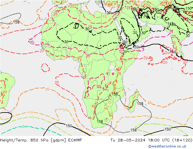 Geop./Temp. 850 hPa ECMWF mar 28.05.2024 18 UTC