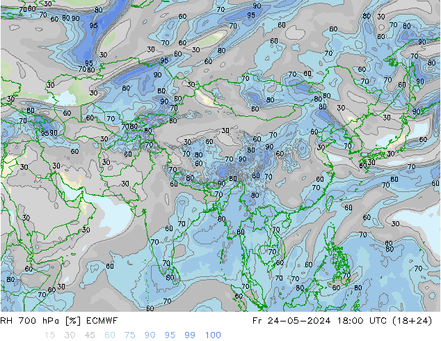 Humedad rel. 700hPa ECMWF vie 24.05.2024 18 UTC