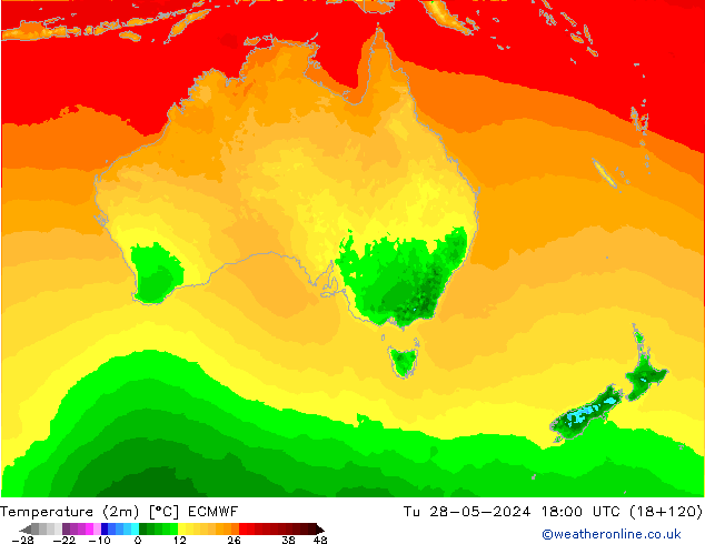 mapa temperatury (2m) ECMWF wto. 28.05.2024 18 UTC