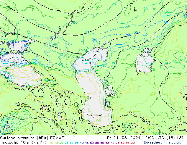 Isotachs (kph) ECMWF пт 24.05.2024 12 UTC