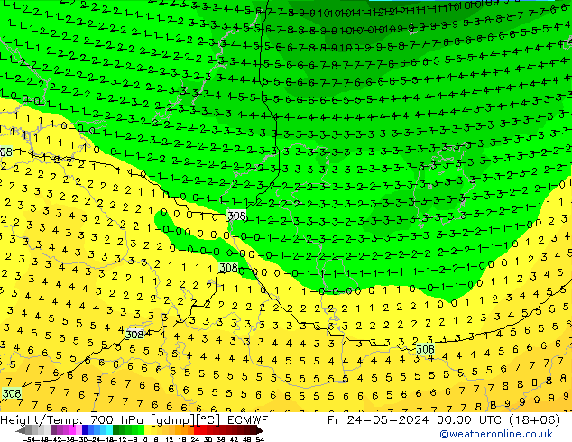 Height/Temp. 700 hPa ECMWF Sex 24.05.2024 00 UTC