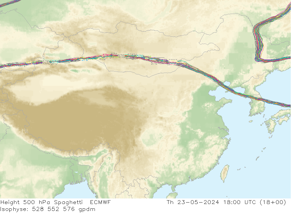 Height 500 hPa Spaghetti ECMWF 星期四 23.05.2024 18 UTC