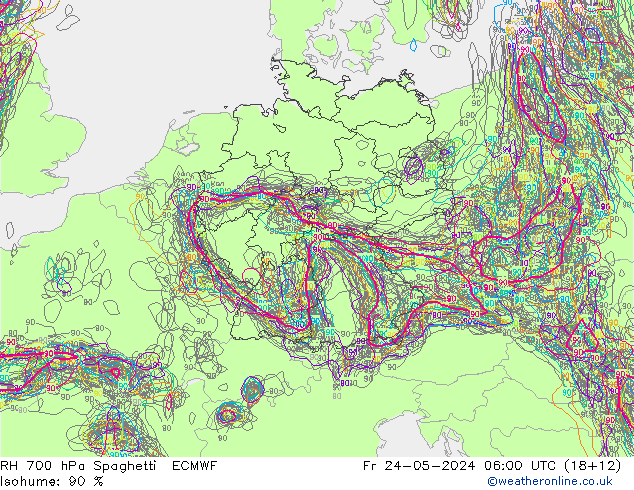 RH 700 hPa Spaghetti ECMWF 星期五 24.05.2024 06 UTC