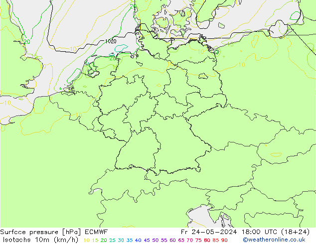 10米等风速线 (kph) ECMWF 星期五 24.05.2024 18 UTC