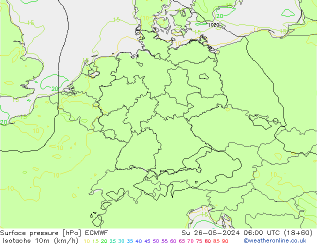 Isotachs (kph) ECMWF dom 26.05.2024 06 UTC