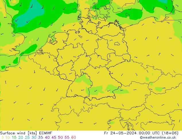 wiatr 10 m ECMWF pt. 24.05.2024 00 UTC