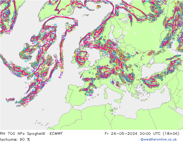 RH 700 hPa Spaghetti ECMWF Fr 24.05.2024 00 UTC