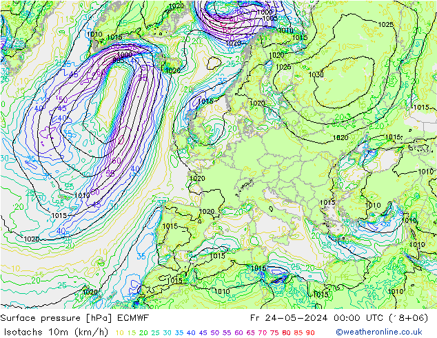 10米等风速线 (kph) ECMWF 星期五 24.05.2024 00 UTC