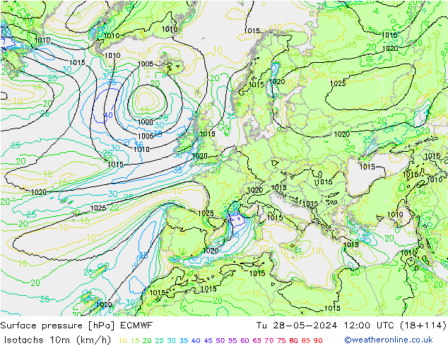 Isotachs (kph) ECMWF Tu 28.05.2024 12 UTC