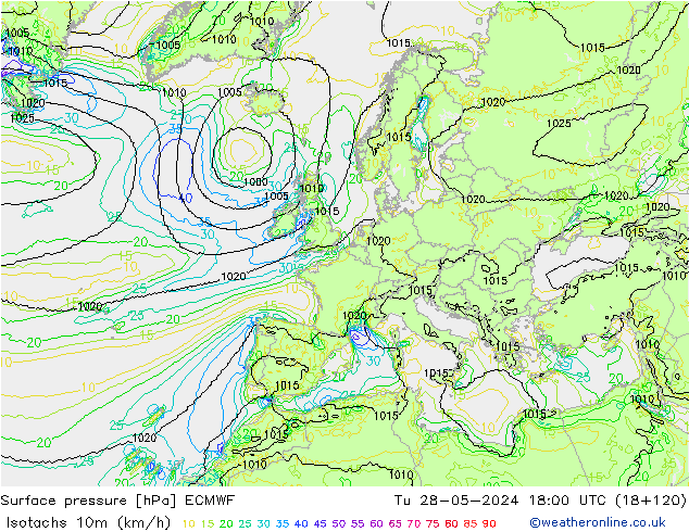 Isotachs (kph) ECMWF вт 28.05.2024 18 UTC