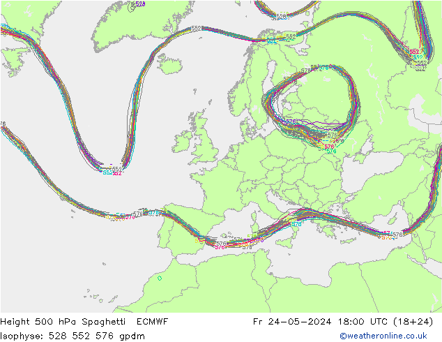 Height 500 hPa Spaghetti ECMWF Fr 24.05.2024 18 UTC