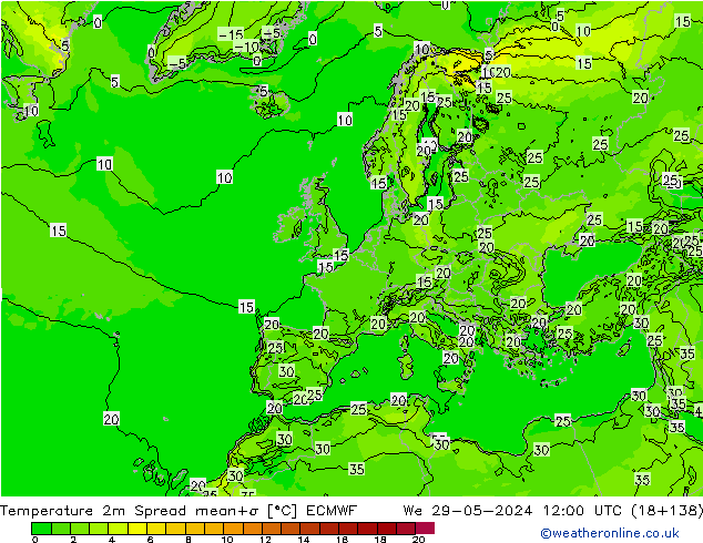 Temperature 2m Spread ECMWF We 29.05.2024 12 UTC