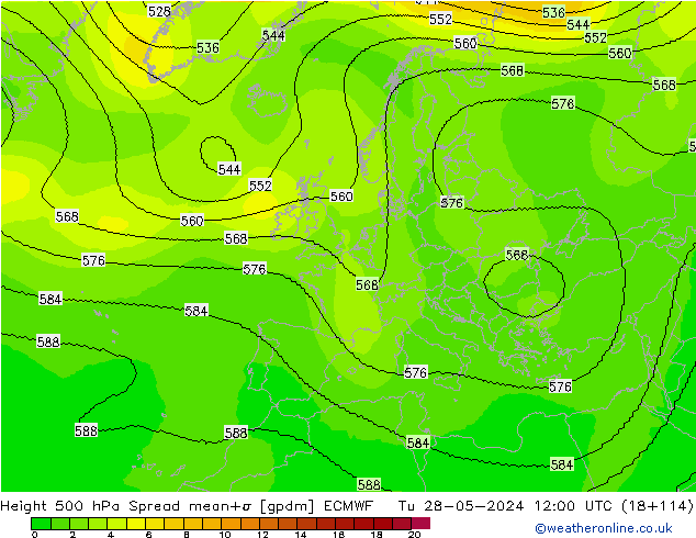 Height 500 hPa Spread ECMWF  28.05.2024 12 UTC