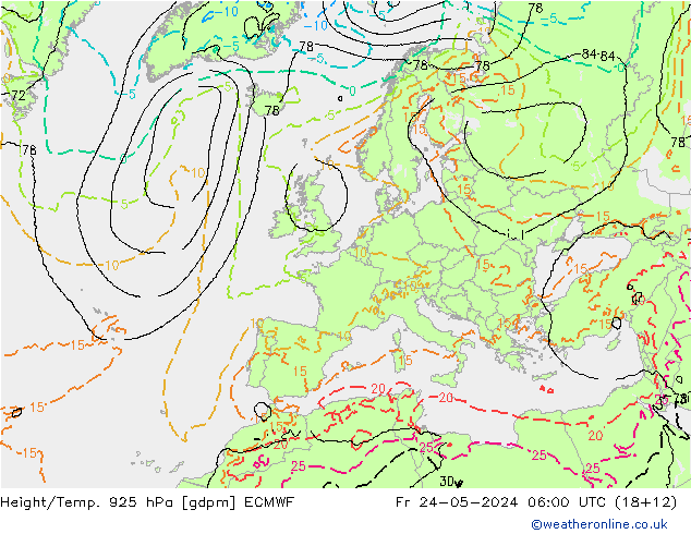 Height/Temp. 925 hPa ECMWF Fr 24.05.2024 06 UTC