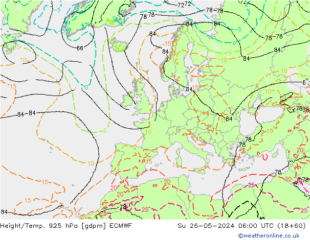 Height/Temp. 925 hPa ECMWF dom 26.05.2024 06 UTC