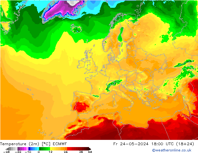 Temperaturkarte (2m) ECMWF Fr 24.05.2024 18 UTC