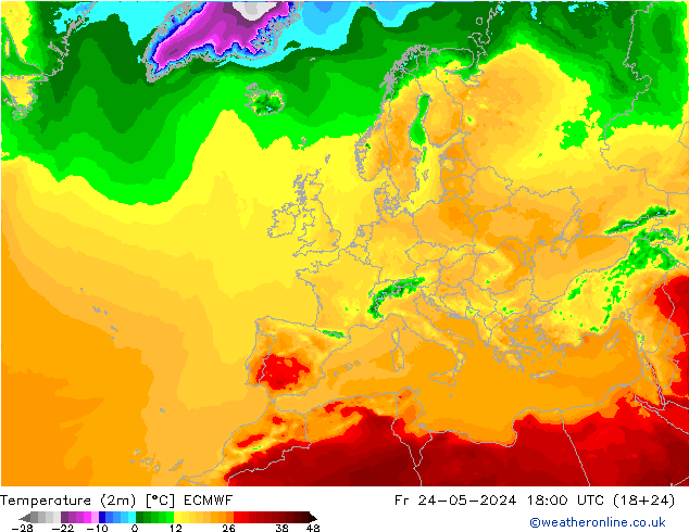 Temperature (2m) ECMWF Fr 24.05.2024 18 UTC