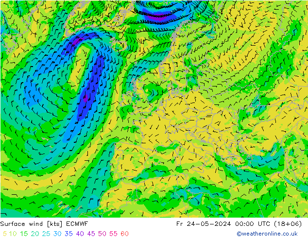 Vento 10 m ECMWF Sex 24.05.2024 00 UTC