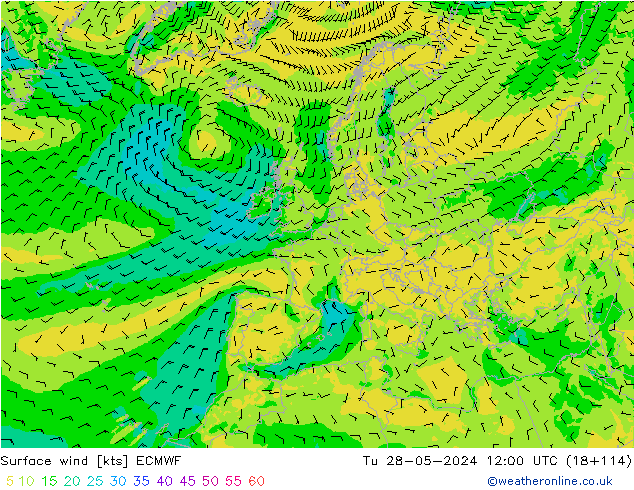 wiatr 10 m ECMWF wto. 28.05.2024 12 UTC