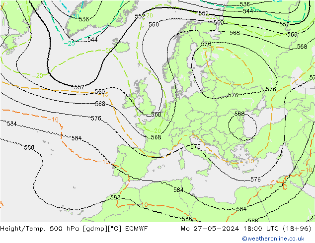 Height/Temp. 500 hPa ECMWF lun 27.05.2024 18 UTC