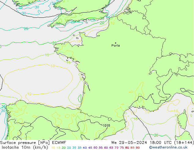 Izotacha (km/godz) ECMWF śro. 29.05.2024 18 UTC