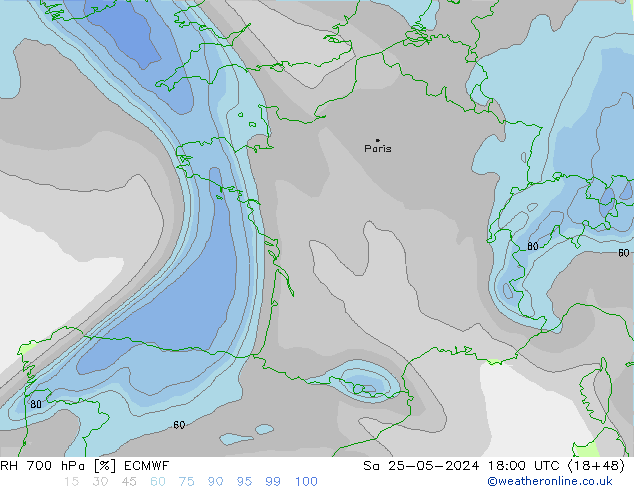 RH 700 hPa ECMWF Sa 25.05.2024 18 UTC