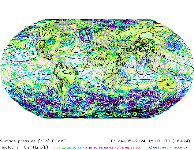 Isotachen (km/h) ECMWF Fr 24.05.2024 18 UTC