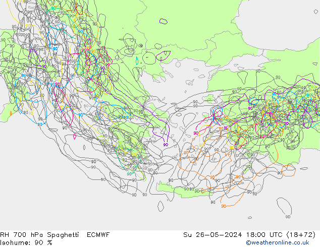 RH 700 hPa Spaghetti ECMWF Su 26.05.2024 18 UTC