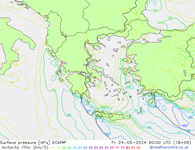 Isotachen (km/h) ECMWF Fr 24.05.2024 00 UTC