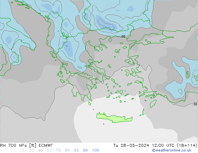 RH 700 гПа ECMWF вт 28.05.2024 12 UTC