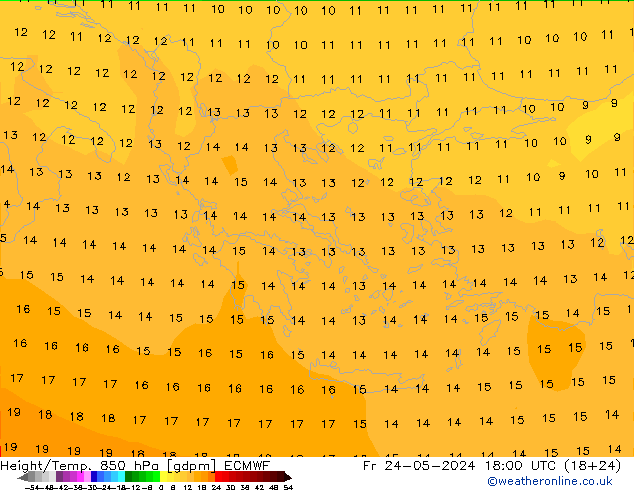 Height/Temp. 850 гПа ECMWF пт 24.05.2024 18 UTC