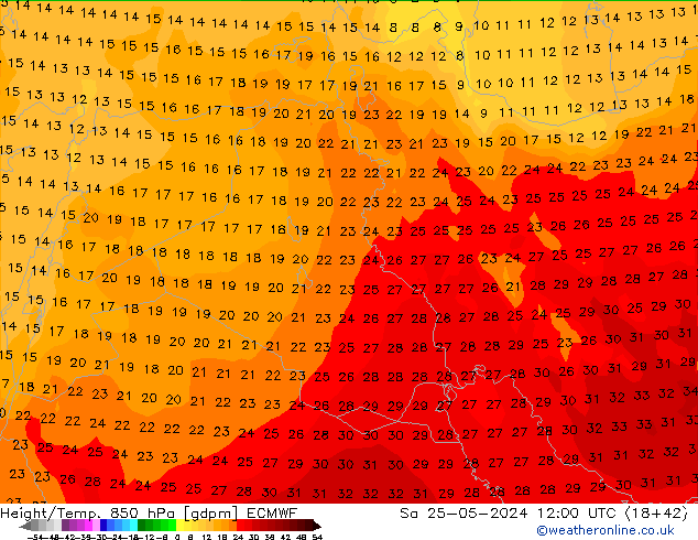 Height/Temp. 850 hPa ECMWF sab 25.05.2024 12 UTC