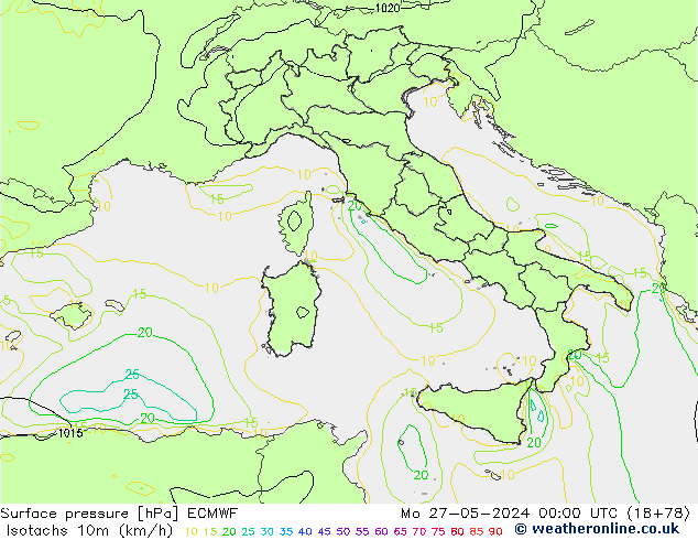 Isotachen (km/h) ECMWF ma 27.05.2024 00 UTC